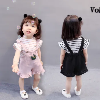 Нова лятна детски дрехи за момичета, детски тениска с къс ръкав, годишният корейски комплект от две части с каишка
