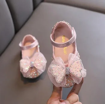 Новата пролетно-есенни кожени обувки на принцесата за момичета, фини обувки с кристали и лък, модни детски обувки за сватба