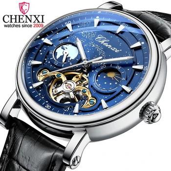 Нови мъжки автоматичен часовник CHENXI най-добрата марка ръчни часовници с механично, кожена каишка, водоустойчив мъжки модни флуоресцентни кварцов часовник