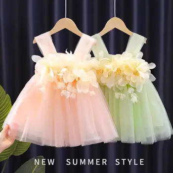 Ново модно рокля на цветя за момичета, Лятото Сетчатое Рокля за Малка принцеса, дрехи за рожден ден, Дрехи за деца 1, 2, 3, 4, 5, 6, 7 години
