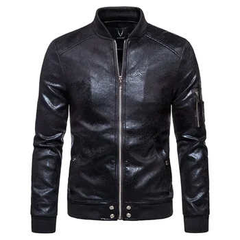 Ново мъжко кожено яке, тънки черни мотоциклетни байкерские палто, мъжки дрехи, ветрозащитная яке от изкуствена кожа, връхни дрехи, Зимни 2021, Зимна мода