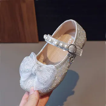 Обувки на принцеса за момиченца, завързана папийонка, есен 2023, детски танцови обувки Mary Jane, с кристали, перлата на обръч и на панти, детски обувки на равна подметка, Розов
