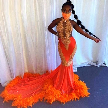 Оранжеви Южна африка рокли за бала на Русалка С аппликацией на бретелях, Черни рокли с пера за момичета, вечерни рокли за партита в Нигерия, рокля