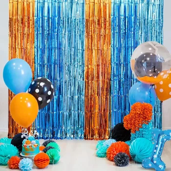 Оранжево-сини пердета с ресни от фолио за кучета, аксесоари за парти по случай рождения ден, на заден план за извършване на партито в стил 