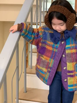 Палта за момичета Детско палто 2023 Зимни Корея детски дрехи в корейски стил, цвят и клетчатая дебела топло палто за момичета, зимно палто за момичета
