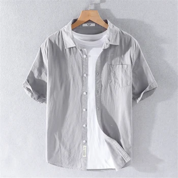 Памучни ризи Мъжки Летни Ризи с къс ръкав Однотонная в памучна блуза, Модерни ежедневни Мъжки ризи
