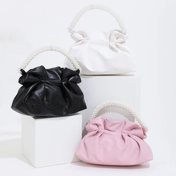 Персонални мека чанта за вечеря с рюшами и перлената дръжка, дамски сверкающая чанта-клатч за партита, нова чанта-тоут от изкуствена кожа