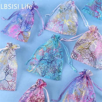 Подаръчни пакети LBSISI Life Чанти дантела прозорци от органза с горещо щамповани Мрежести торбички с коралов модел Подаръци за Опаковане на бонбони и мезета Сватба, Рожден Ден
