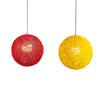 Полилей с топки от ратан и коноп, 2 броя Индивидуално творчество, Сферична лампа от ратан, червено и жълто гнездо