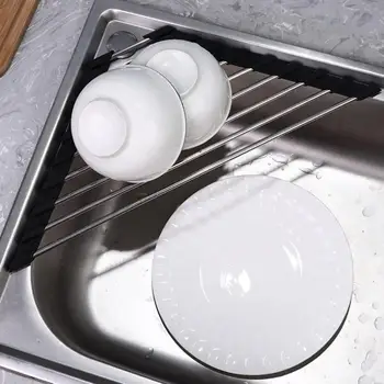 Поставка за източване на кухненски мивки от неръждаема стомана, прибиращ се поставка за сушене на чинии, компактен органайзер над мивката, ъглова простор за кухни