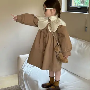 През есента на 2023 г. Нова детски дрехи в корейски стил за детски дрехи, дълго палто с завързана яка за момичета, пролетно-есенни палта