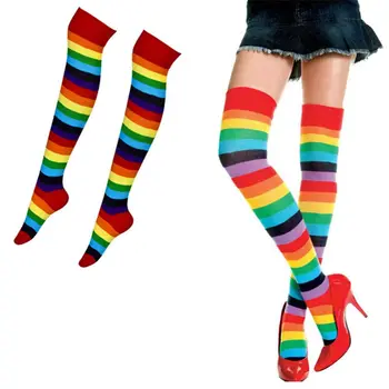 Преливащи Дамски чорапи над коляното Сокс Фини дълги чорапи от полиестер до бедрото, За жени и момичета, Зимни Топли компресия чорапи на райета