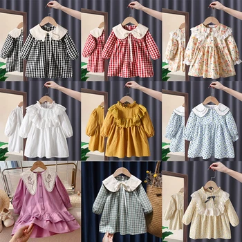Пролет-есен облекло за момичета, Сладки Бебешки рокли, рокля с шал яка ревери, изработени от памук и лен с цветен печат за малки момичета рокля в Корейски стил