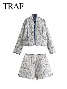 Пролетен женски модерен комплект от памук сака с флорални принтом и джобове, дамски ежедневни панталони в стил ретро с еластичен колан и цепка отстрани