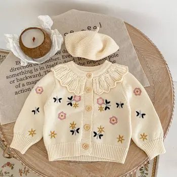 Пролетно-есенен вязаный пуловер за малки момичета, Детски цветна бродерия на яката във формата на листа на Лотос, вязаный памук жилетка с дълги ръкави, палто
