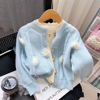 Пролетно-есенен пуловер, за малки момичета, памучни пуловери с 3D цветен модел за малки момичета, палта, монофонични сладък вязаный жилетка за момиченца