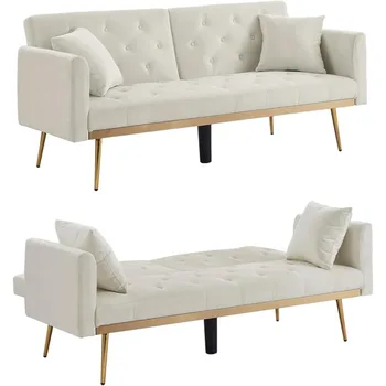 Разтегателен диван-легло-futon, осеян с модерен разтегателен диван-футоном Loveseat с 2 възглавници, (бежов)