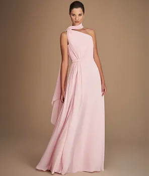 Реколта дълги вечерни рокли от розов шифон с панделка, трапециевидный силует, плиссированная цип отзад, рокли за абитуриентски бал с дължина до пода за жени