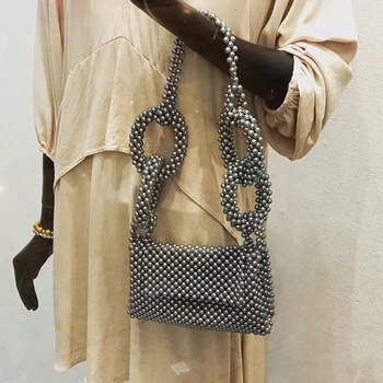 Реколта чанта-плик, тъкани от сребърни мъниста, с Уникална дръжка на веригата, Универсална чанта за дамски дрехи с капак, Дизайнерска луксозна чанта