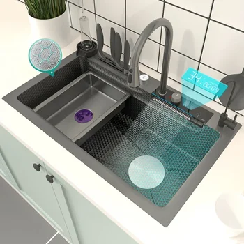Релефно дигитален дисплей, мивка с водопад, кухненска мивка от неръждаема стомана, голяма однощелевой многофункционален мивка за кухня