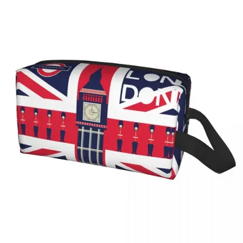 Ретро британския флаг със символа на Лондон, косметичка, модерен калъф за грим Union Jack голям капацитет, чанти за съхранение на тоалетни принадлежности