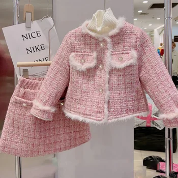 Решетеста костюм за деца, модерен дамски блуза + поли, 2 броя, Пролетно-есенен детски комплект принцеса, 2023, Нова утепленная топло детски дрехи