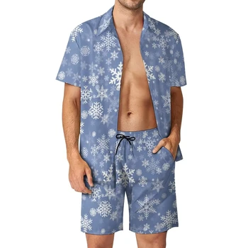 Риза с снежинками, комплекти от 2 теми, мъжки ежедневни мода с 3D принтом, ризи с къси ръкави, Плажни шорти Оверсайз, Хавайски костюми за градинска дрехи