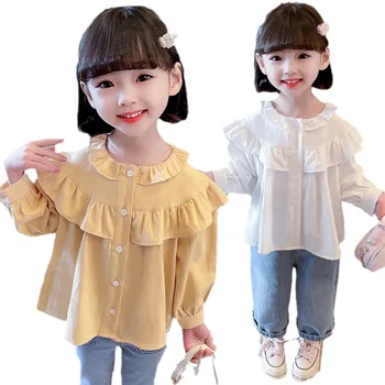 Ризи за момичета Пролетно-есенен детски летни ризи Модерен дантелен топ е за малки момичета Есенна мода с дълъг ръкав