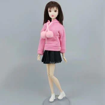 Розов комплект дрехи за кукли Барби, hoody с качулка, черно плиссированная пола за кукли 1/6 BJD, аксесоари, играчки за деца