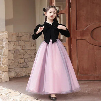 Рокля за момиче с нови зимни цветен модел Детско сватбена рокля на принцеса за пиано представяне, бална рокля трапецовидна форма