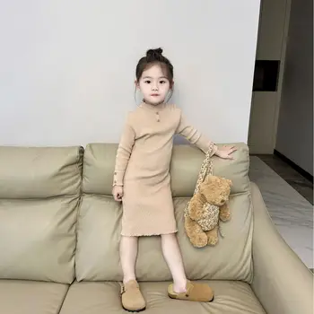 Рокля за момичета 2023, есен нова вълнена рокля с дълги ръкави в корейски стил за момичета, детски приталенная долната модни проста пола за момичета