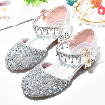 Сандали за момичета 2024 Пролет / лято Блестящ кристал Детски обувки на висок ток с пайети за сценичната разходки Детски танцови обувки на принцесата
