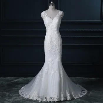 Сватбена рокля на принцеса Русалка 2020 С кружевными апликации, Винтажное на булката рокля с V-образно деколте, сватбени рокли без ръкави