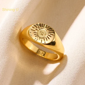 Свети U-образен пръстен със слънчева усмивка за жени, бижута подарък от злато 18 карата