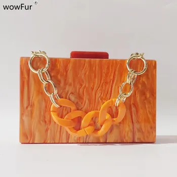Светъл Мрамор Правоъгълник Orange Акрилна кутия Клатчи Чанта през рамо Дамски Дама Сватба парти Сватбени чанти с клапа за момичета Подарък
