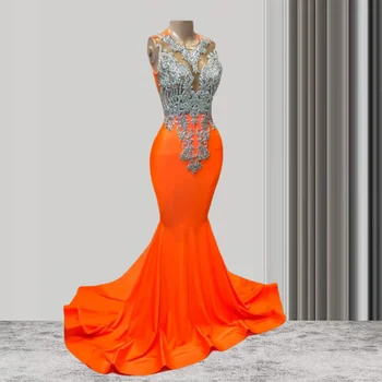 Секси луксозни Оранжеви Прозрачни Дълги Черни рокли за абитуриентски бал за момичета в стил Русалка с перли и кристали