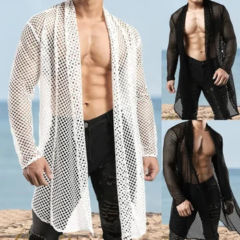 Секси Мъжки Секси вязаный дълга жилетка с изрезки, градинска дрехи, обещаващи мъжки модни тениски с дълъг ръкав, мъжки блузи за почивка на плажа