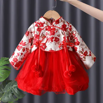 Сетчатое принцеса рокля с бродерия за малки момичета, детски червено премяна за деца от 0-8 години, Китайската коледна облекло