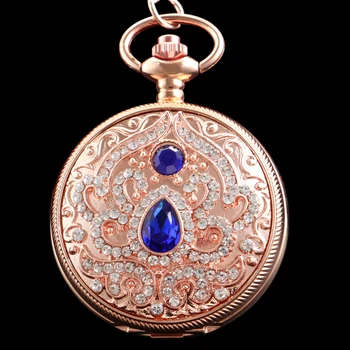 Син кристал, розово злато, отворена кутията за веригата, кварцов джобни часовници, ретро мъжка и дамска мода, медальон, огърлица, часовник като подарък