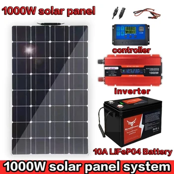 Система на слънчеви панели с мощност 2000 W Пълен комплект със слънчев панел с мощност 1000 W 2000 W, контролер на заряд на 100A, инвертор 220v, с батерии LFP 10Ah30Ah.