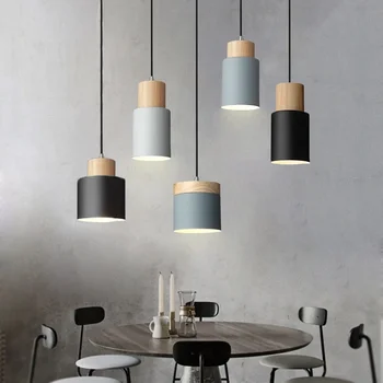 Скандинавски дизайн проста метална LED полилей E27 Дървени Висящи лампи Кухня, Бар Хотел Начало декор за помещения