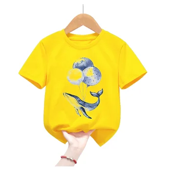 Сладка Жълта Тениска С Принтом Делфините И балон За момичета/Момчета в стил Харадзюку Kawai, Детски Дрехи С Цветовете на Китове, Летни Блузи, Модни Тениска
