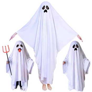 Сладък детски дъждобран на ужасите за Хелоуин, cosplay, костюм на Призрак с белите пискюли, наметало за Хелоуин за момчета Grils