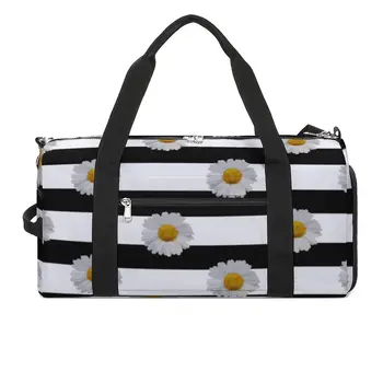 Спортни чанти с бели флорални маргаритками, спортна чанта в черно-бяла лента с принтом за плуване, големи цветни чанти, двойка преносими чанти за фитнес