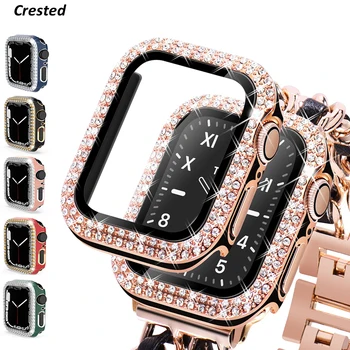 Стъкло + Капак за корпуса на Apple Watch 40 мм 44 мм 45 мм 41 мм Аксесоари iWatch Диамант + Защитно Фолио за дисплея на Apple watch серия 9 8 3 6 SE 7