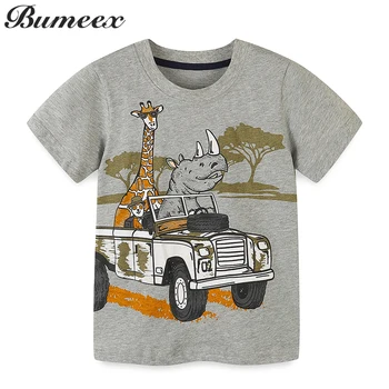Тениска за момчета Bumeex, Новост Лятото 2023, Тениска с изображение на Носорог и Жираф За малки момчета с цифри 4, 5, 6, 7 Години, Детски Памучни Потници, Облекло
