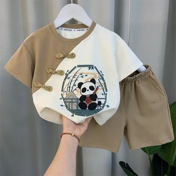 Тениска с къси панталони Hanfu за момчета, комплект от две части, летни 2023, сладки бебешки тениски в китайски стил от епохата на Тан с участието на древна анимационен панди, костюми