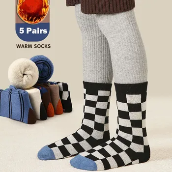 Топли зимни чорапи, детски уютни дебели памучни чорапи за момчета и момичета, туристически термоноски за обувки 5 чифта