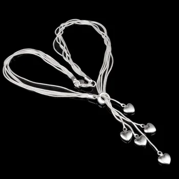 Търговия на едро с елегантни висулки във формата на сърце с дължина 49 см, сребърни верижки-змия 925 проба, дамски бижута