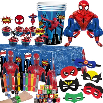 Украса за парти по случай рождения Ден на Човека-паяк, маска Супергерой, гривна, 3D Въздушен балон, Трапезария и кухненски прибори, Покривка за деца, Пинята, Аксесоари за детската душа.